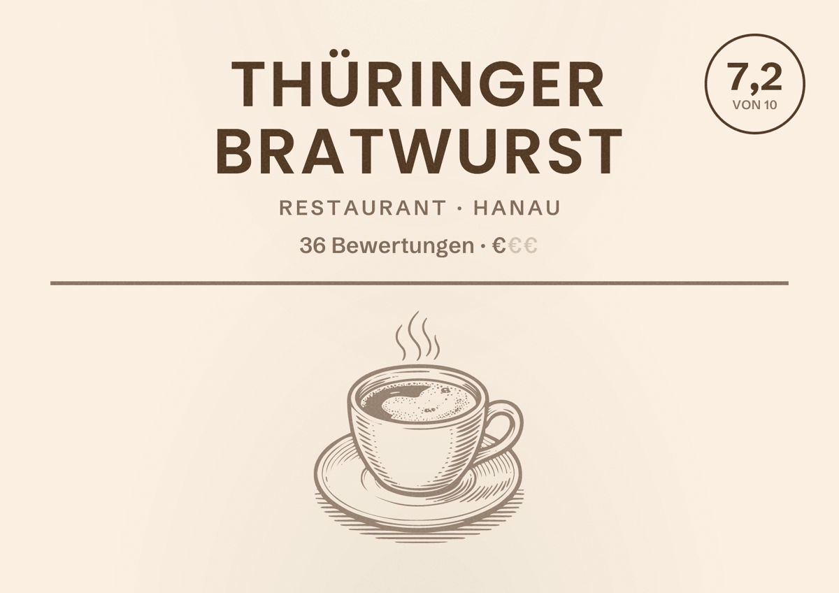Illustriertes Poster von Thüringer Bratwurst, Restaurant in Hanau: Bewertung 7,2 von 10 aus 36 Bewertungen, Preisniveau €