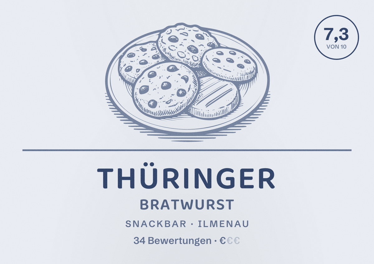 Illustriertes Poster von Thüringer Bratwurst, Snackbar in Ilmenau: Bewertung 7,3 von 10 aus 34 Bewertungen, Preisniveau €