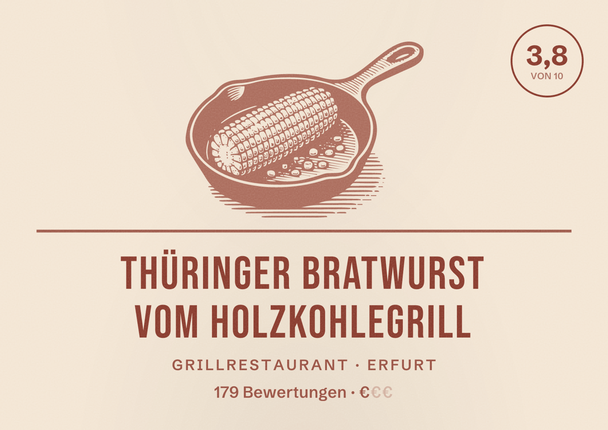 Illustriertes Poster von Thüringer Bratwurst vom Holzkohlegrill, Grillrestaurant in Erfurt: Bewertung 3,8 von 10 aus 179 Bewertungen, Preisniveau €