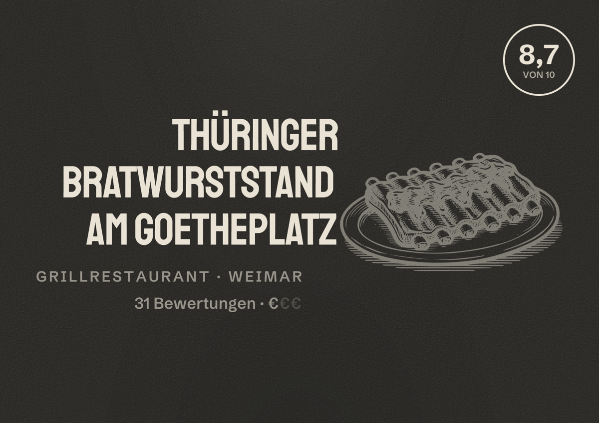 Illustriertes Poster von Thüringer Bratwurststand am Goetheplatz, Grillrestaurant in Weimar: Bewertung 8,7 von 10 aus 31 Bewertungen, Preisniveau €