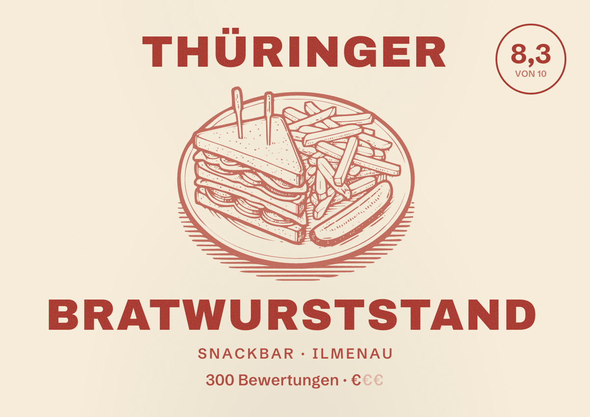 Illustriertes Poster von Thüringer Bratwurststand, Snackbar in Ilmenau: Bewertung 8,3 von 10 aus 300 Bewertungen, Preisniveau €