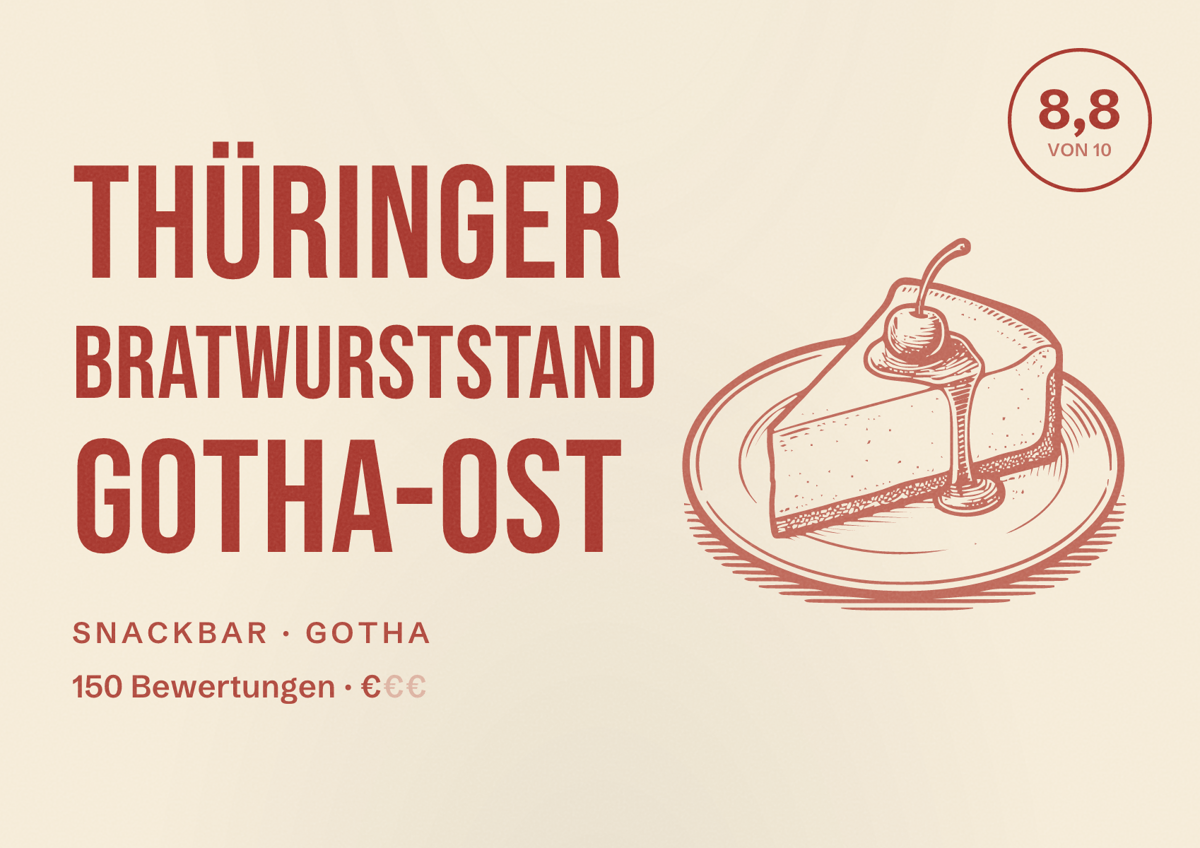 Illustriertes Poster von Thüringer Bratwurststand Gotha-Ost, Snackbar in Gotha: Bewertung 8,8 von 10 aus 150 Bewertungen, Preisniveau €