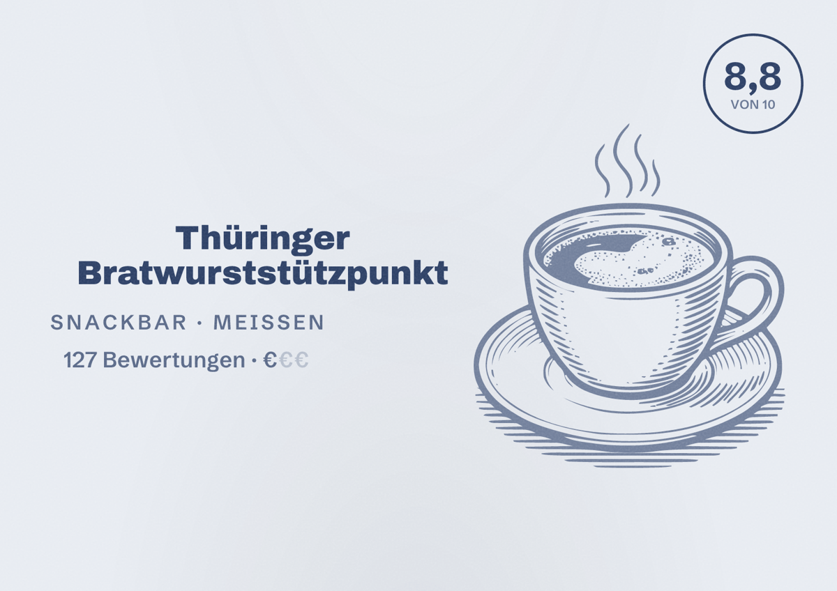 Illustriertes Poster von Thüringer Bratwurststützpunkt, Snackbar in Meißen: Bewertung 8,8 von 10 aus 127 Bewertungen, Preisniveau €