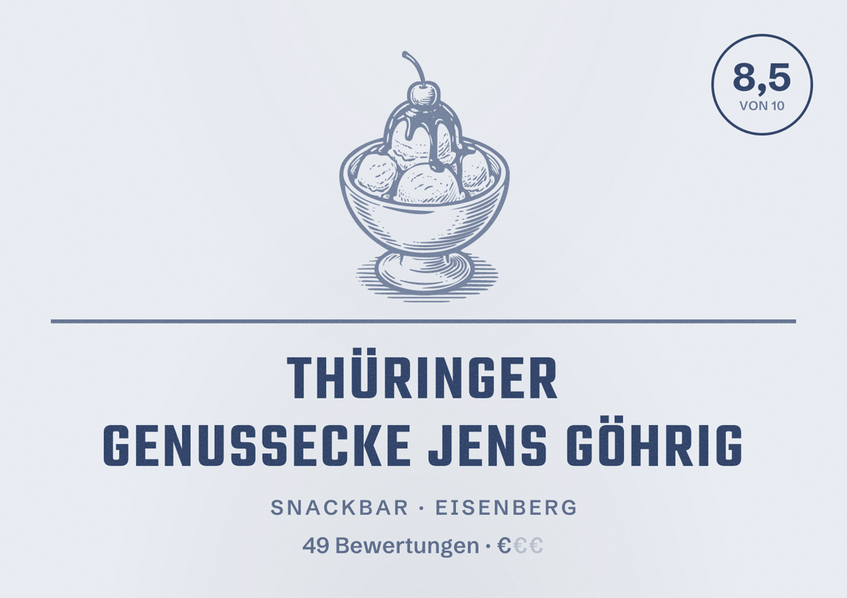 Illustriertes Poster von Thüringer GenussEcke Jens Göhrig, Snackbar in Eisenberg: Bewertung 8,5 von 10 aus 49 Bewertungen, Preisniveau €