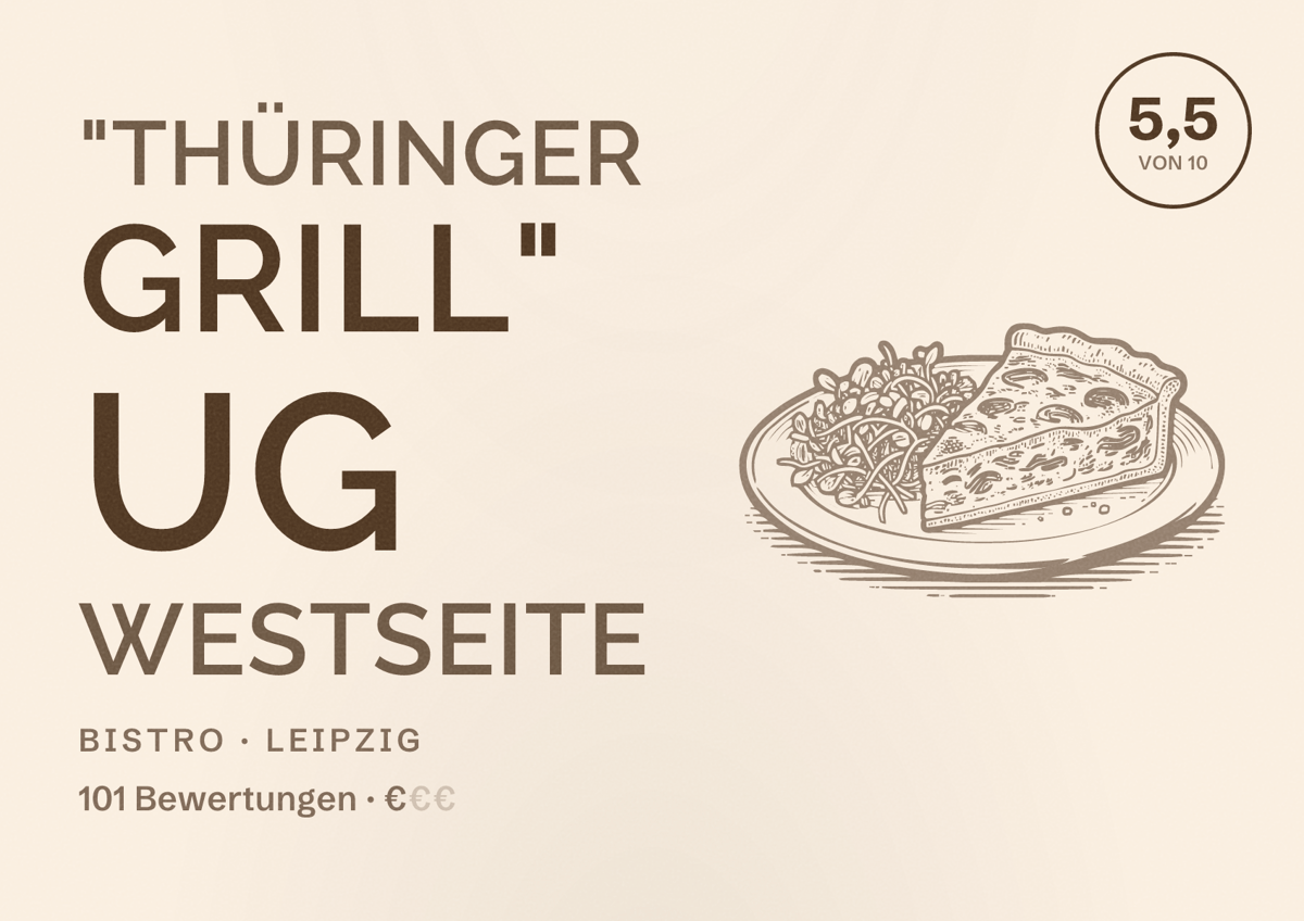 Illustriertes Poster von "Thüringer Grill" UG Westseite, Bistro in Leipzig: Bewertung 5,5 von 10 aus 101 Bewertungen, Preisniveau €