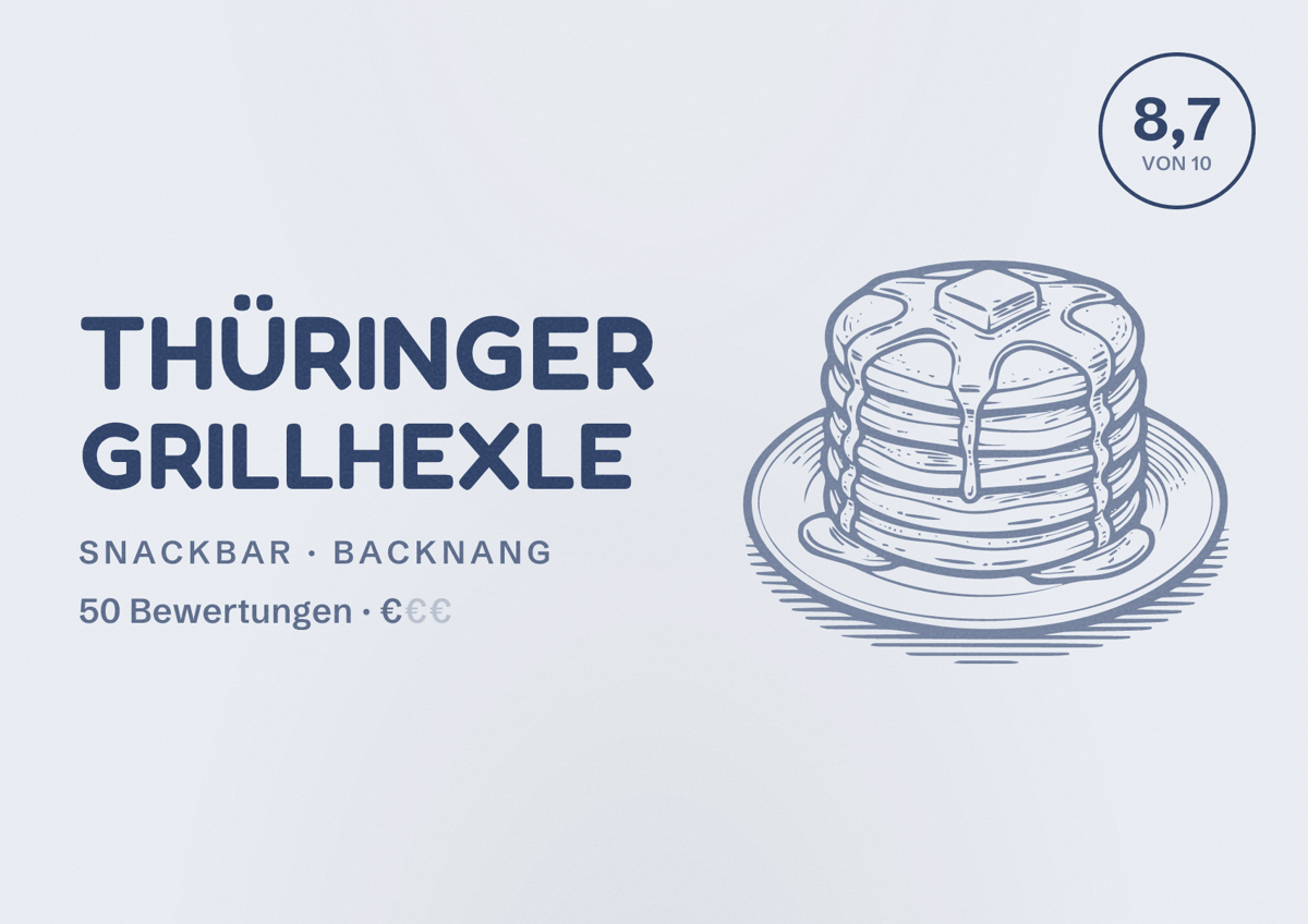 Illustriertes Poster von Thüringer Grillhexle, Snackbar in Backnang: Bewertung 8,7 von 10 aus 50 Bewertungen, Preisniveau €