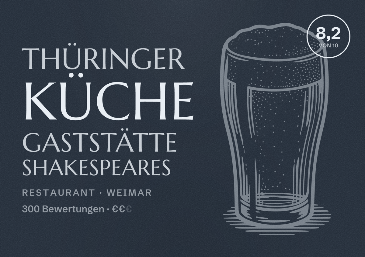 Illustriertes Poster von Thüringer Küche Gaststätte SHAKESPEARES, Restaurant in Weimar: Bewertung 8,2 von 10 aus 300 Bewertungen, Preisniveau €€