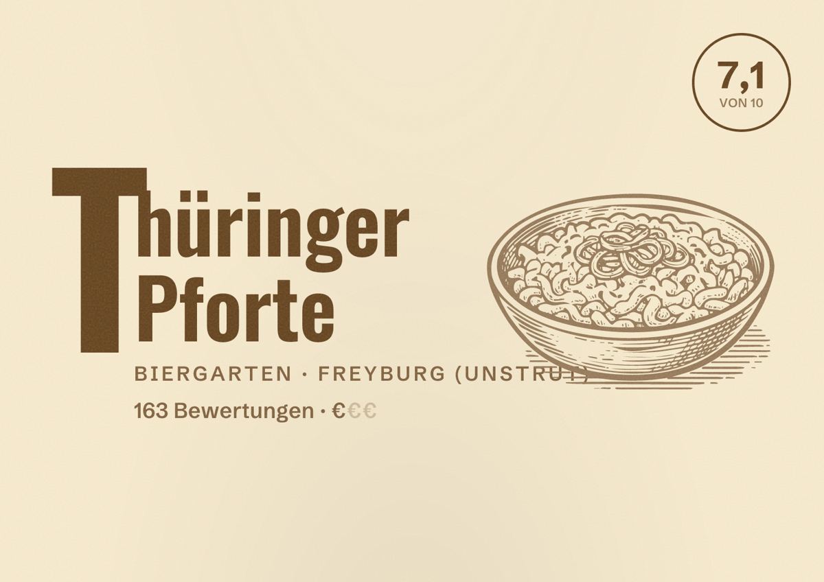 Illustriertes Poster von Thüringer Pforte, Biergarten in Freyburg (Unstrut): Bewertung 7,1 von 10 aus 163 Bewertungen, Preisniveau €
