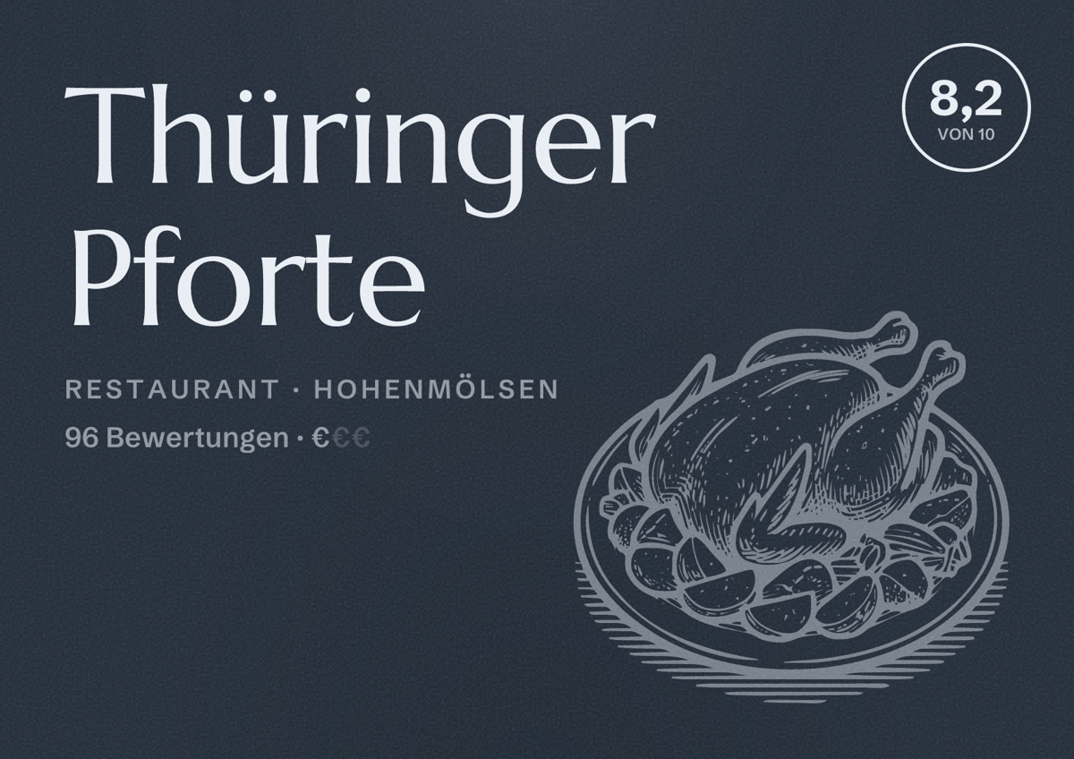 Illustriertes Poster von Thüringer Pforte, Restaurant in Hohenmölsen: Bewertung 8,2 von 10 aus 96 Bewertungen, Preisniveau €