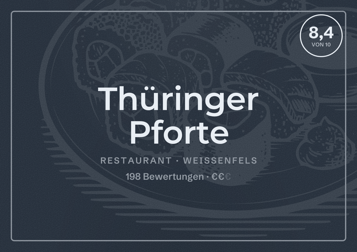 Illustriertes Poster von Thüringer Pforte, Restaurant in Weißenfels: Bewertung 8,4 von 10 aus 198 Bewertungen, Preisniveau €€