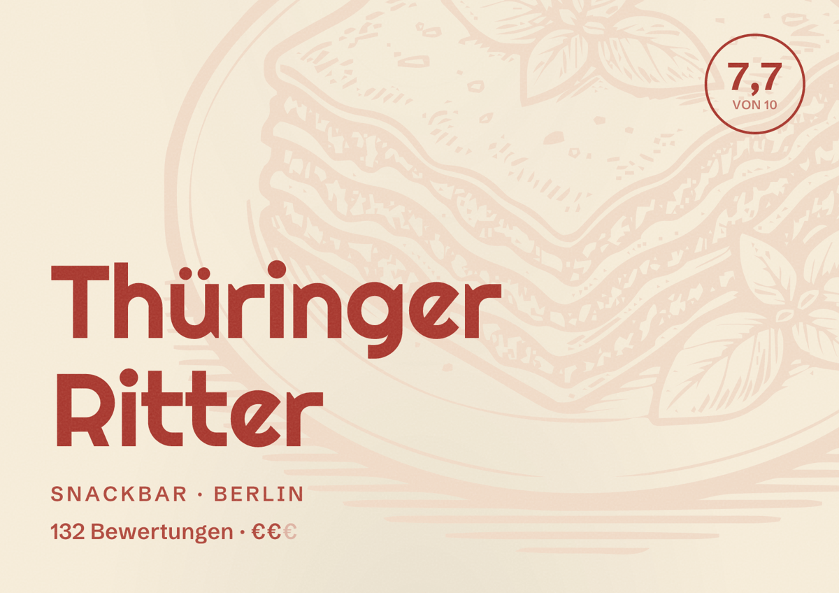 Illustriertes Poster von Thüringer Ritter, Snackbar in Berlin: Bewertung 7,7 von 10 aus 132 Bewertungen, Preisniveau €€