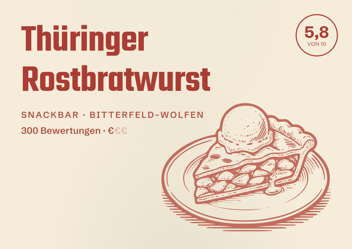 Illustriertes Poster von Thüringer Rostbratwurst, Snackbar in Bitterfeld-Wolfen: Bewertung 5,8 von 10 aus 300 Bewertungen, Preisniveau €