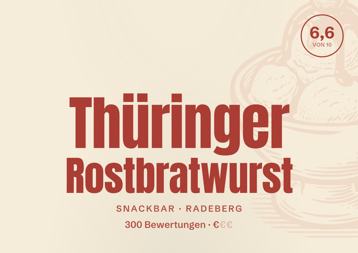Illustriertes Poster von Thüringer Rostbratwurst, Snackbar in Radeberg: Bewertung 6,6 von 10 aus 300 Bewertungen, Preisniveau €