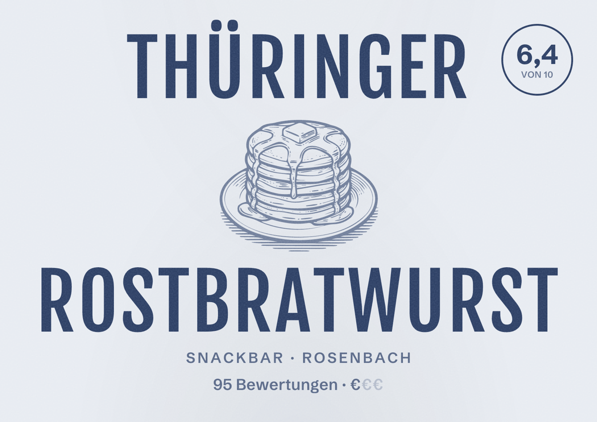 Illustriertes Poster von Thüringer Rostbratwurst, Snackbar in Rosenbach: Bewertung 6,4 von 10 aus 95 Bewertungen, Preisniveau €