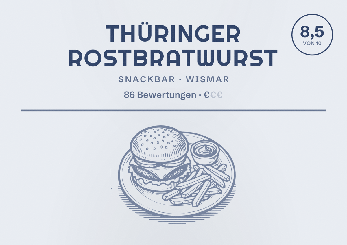 Illustriertes Poster von Thüringer ROSTBRATWURST, Snackbar in Wismar: Bewertung 8,5 von 10 aus 86 Bewertungen, Preisniveau €