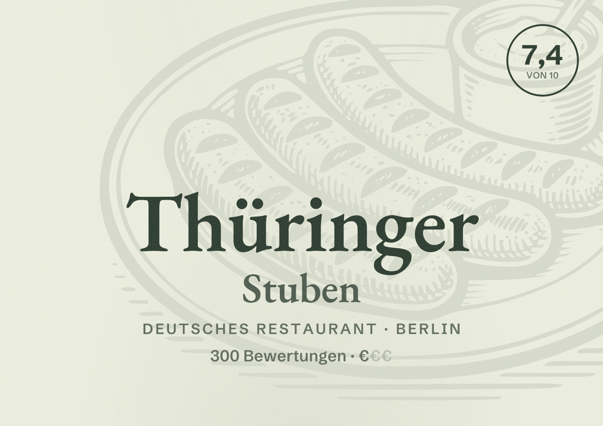 Illustriertes Poster von Thüringer Stuben, Deutsches Restaurant in Berlin: Bewertung 7,4 von 10 aus 300 Bewertungen, Preisniveau €