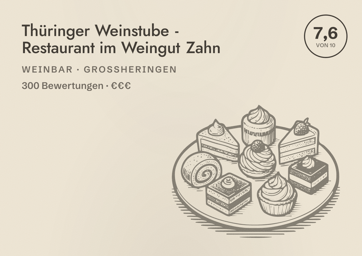 Illustriertes Poster von Thüringer Weinstube - Restaurant im Weingut Zahn, Weinbar in Großheringen: Bewertung 7,6 von 10 aus 300 Bewertungen, Preisniveau €€€