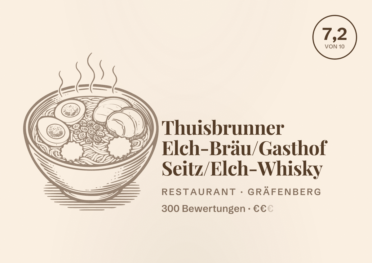 Illustriertes Poster von Thuisbrunner Elch-Bräu/Gasthof Seitz/Elch-Whisky, Restaurant in Gräfenberg: Bewertung 7,2 von 10 aus 300 Bewertungen, Preisniveau €€