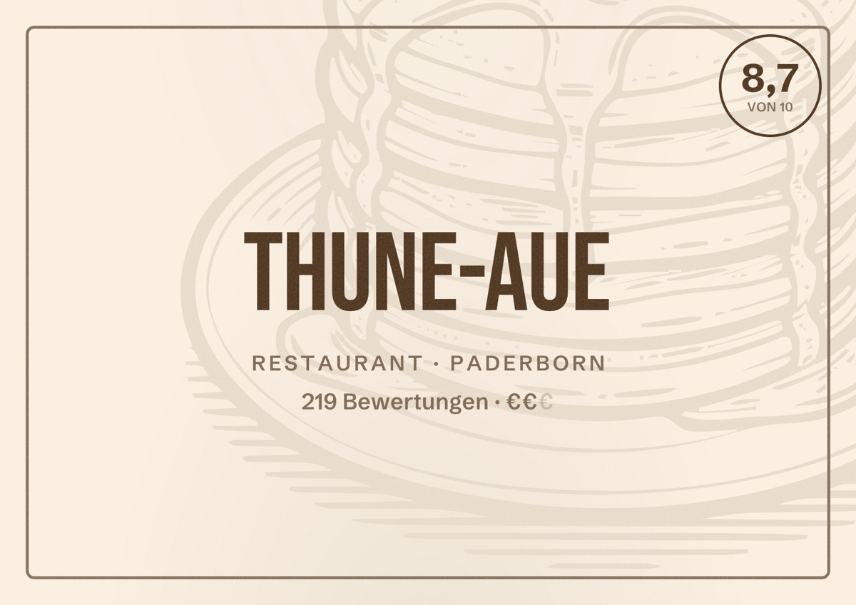 Illustriertes Poster von Thune-Aue, Restaurant in Paderborn: Bewertung 8,7 von 10 aus 219 Bewertungen, Preisniveau €€