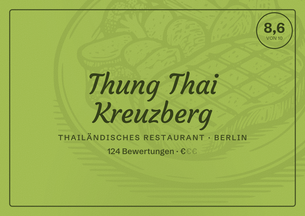 Illustriertes Poster von Thung Thai Kreuzberg, Thailändisches Restaurant in Berlin: Bewertung 8,6 von 10 aus 124 Bewertungen, Preisniveau €