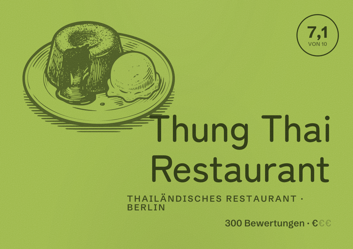 Illustriertes Poster von Thung Thai Restaurant, Thailändisches Restaurant in Berlin: Bewertung 7,1 von 10 aus 300 Bewertungen, Preisniveau €