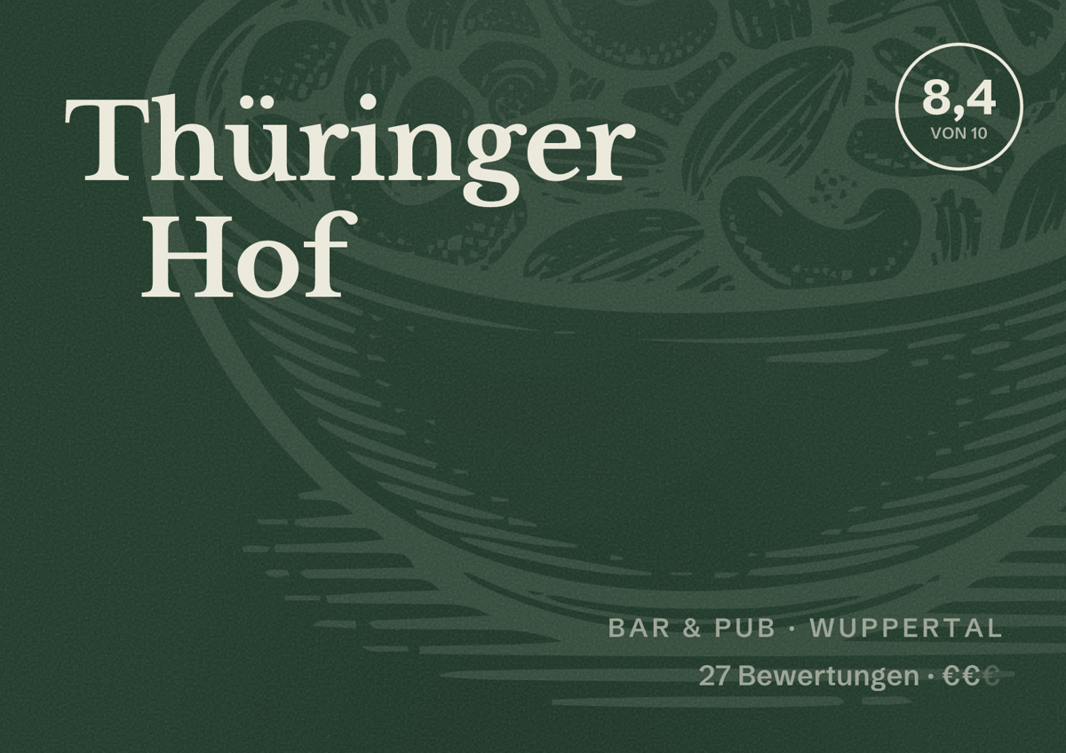 Illustriertes Poster von Thüringer Hof, Bar & Pub in Wuppertal: Bewertung 8,4 von 10 aus 27 Bewertungen, Preisniveau €€