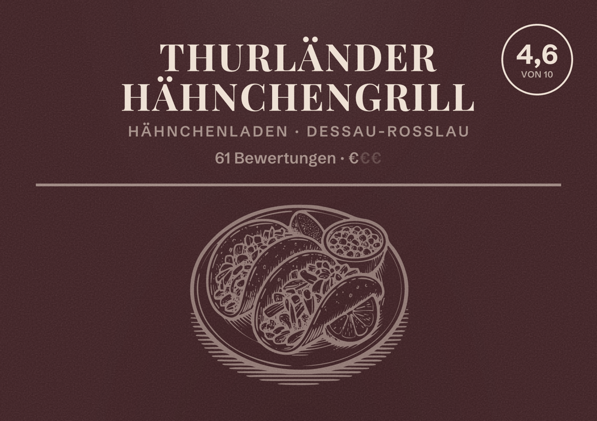 Illustriertes Poster von Thurländer Hähnchengrill, Hähnchenladen in Dessau-Roßlau: Bewertung 4,6 von 10 aus 61 Bewertungen, Preisniveau €