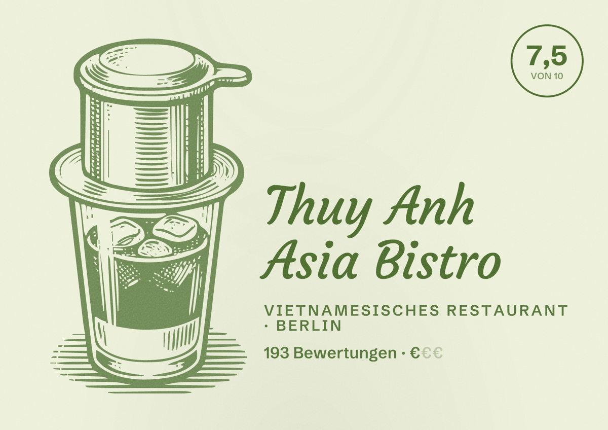 Illustriertes Poster von Thuy Anh Asia Bistro, Vietnamesisches Restaurant in Berlin: Bewertung 7,5 von 10 aus 193 Bewertungen, Preisniveau €
