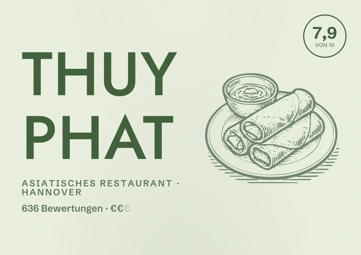 Illustriertes Poster von Thuy phat, Asiatisches Restaurant in Hannover: Bewertung 7,9 von 10 aus 636 Bewertungen, Preisniveau €€