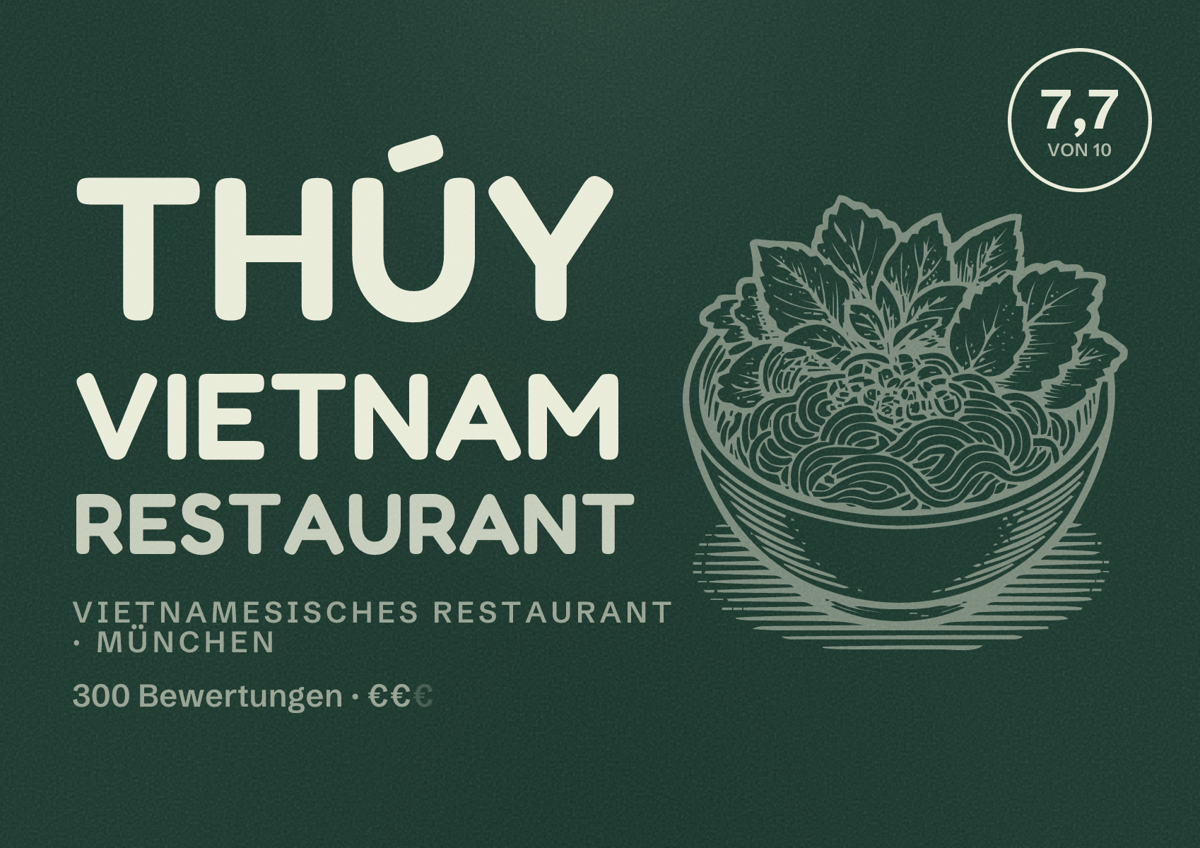 Illustriertes Poster von Thúy Vietnam Restaurant, Vietnamesisches Restaurant in München: Bewertung 7,7 von 10 aus 300 Bewertungen, Preisniveau €€