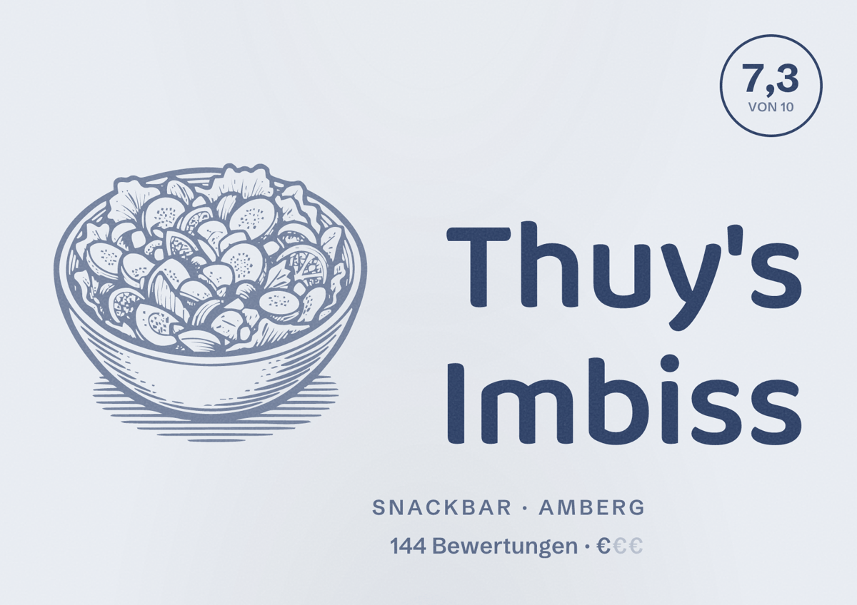 Illustriertes Poster von Thuy's Imbiss, Snackbar in Amberg: Bewertung 7,3 von 10 aus 144 Bewertungen, Preisniveau €