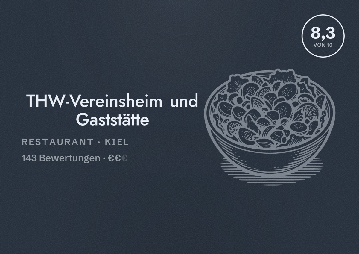 Illustriertes Poster von THW-Vereinsheim und Gaststätte, Restaurant in Kiel: Bewertung 8,3 von 10 aus 143 Bewertungen, Preisniveau €€