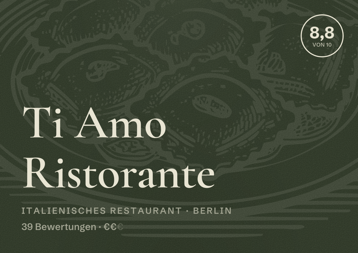Illustriertes Poster von Ti Amo Ristorante, Italienisches Restaurant in Berlin: Bewertung 8,8 von 10 aus 39 Bewertungen, Preisniveau €€