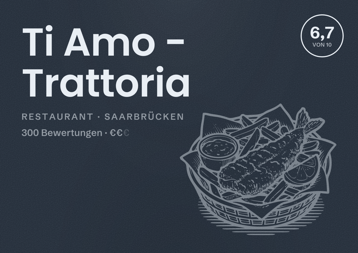 Illustriertes Poster von Ti Amo - Trattoria, Restaurant in Saarbrücken: Bewertung 6,7 von 10 aus 300 Bewertungen, Preisniveau €€