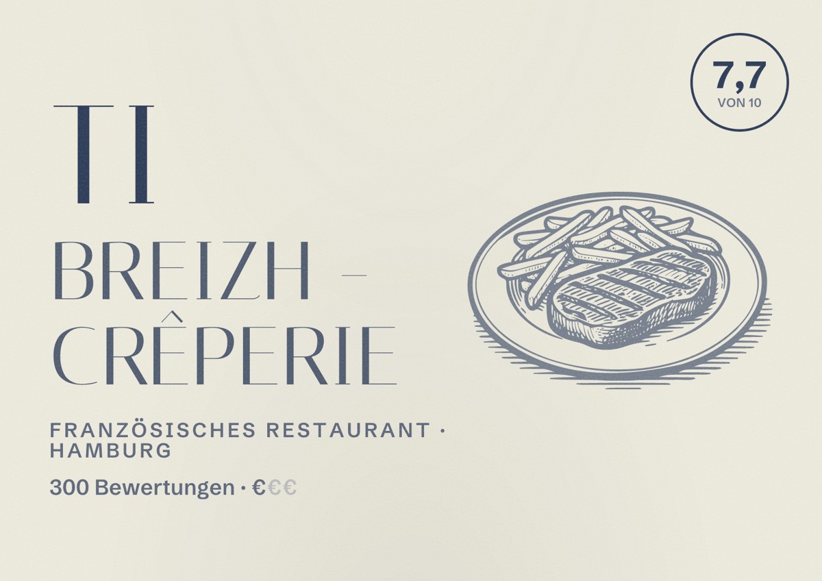 Illustriertes Poster von Ti Breizh - Crêperie, Französisches Restaurant in Hamburg: Bewertung 7,7 von 10 aus 300 Bewertungen, Preisniveau €