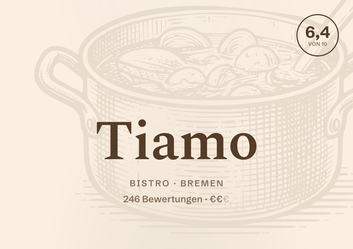 Illustriertes Poster von Tiamo, Bistro in Bremen: Bewertung 6,4 von 10 aus 246 Bewertungen, Preisniveau €€