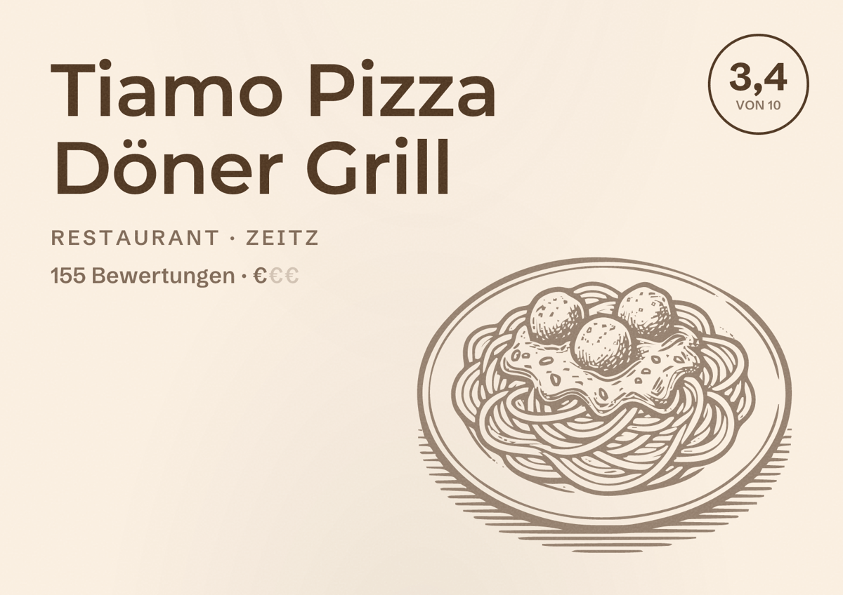 Illustriertes Poster von Tiamo Pizza Döner Grill, Restaurant in Zeitz: Bewertung 3,4 von 10 aus 155 Bewertungen, Preisniveau €
