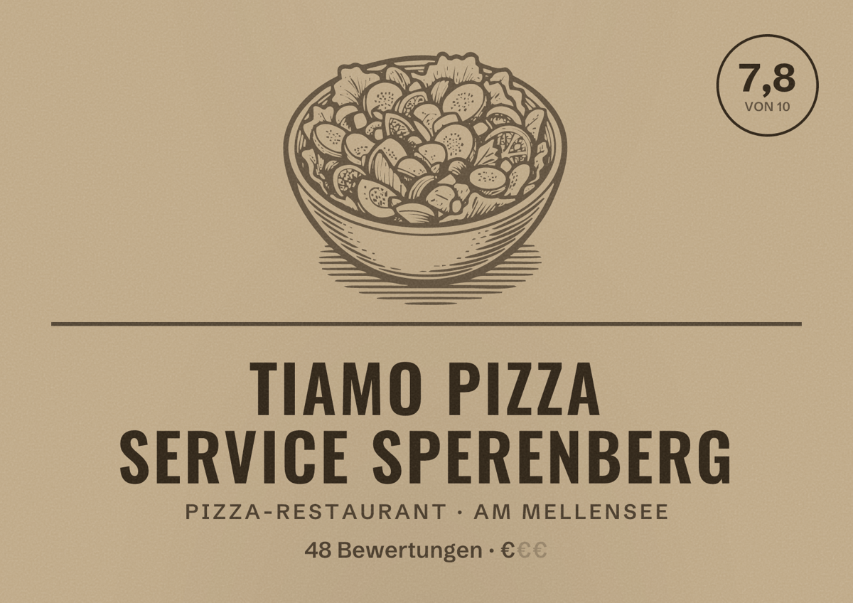 Illustriertes Poster von Tiamo Pizza Service Sperenberg, Pizza-Restaurant in Am Mellensee: Bewertung 7,8 von 10 aus 48 Bewertungen, Preisniveau €