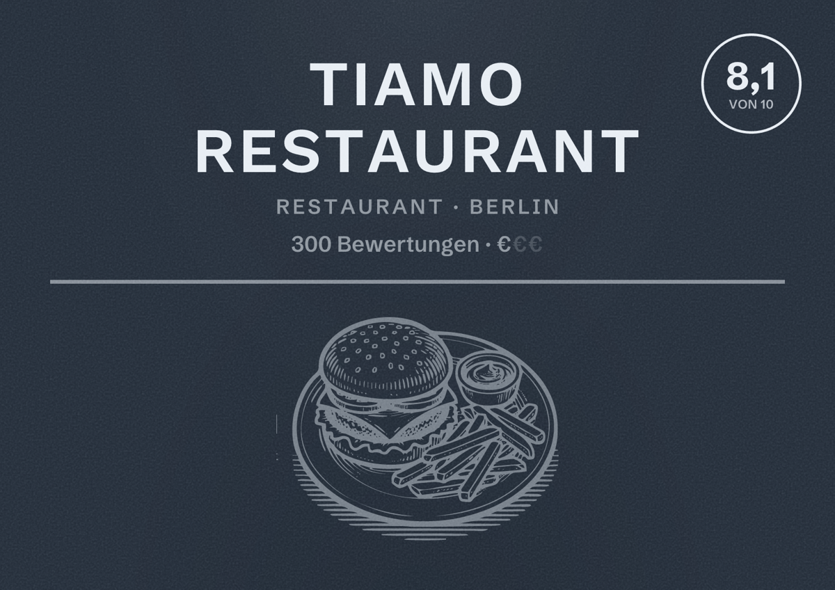 Illustriertes Poster von Tiamo Restaurant, Restaurant in Berlin: Bewertung 8,1 von 10 aus 300 Bewertungen, Preisniveau €