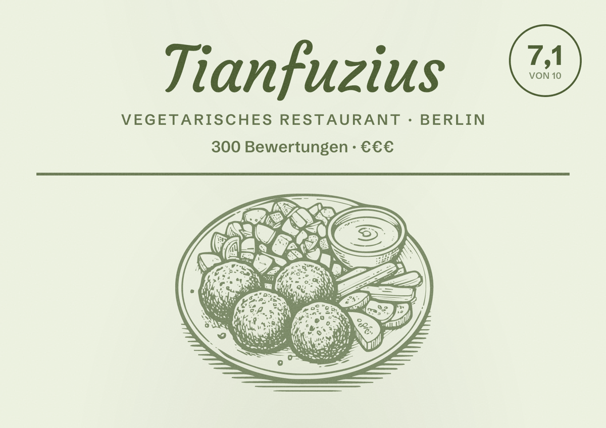 Illustriertes Poster von Tianfuzius, Vegetarisches Restaurant in Berlin: Bewertung 7,1 von 10 aus 300 Bewertungen, Preisniveau €€€