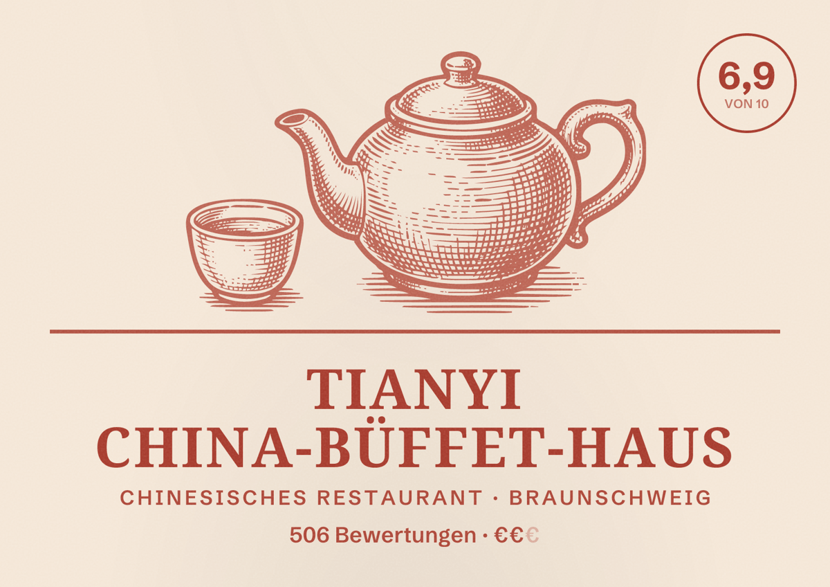 Illustriertes Poster von TianYi China-Büffet-Haus, Chinesisches Restaurant in Braunschweig: Bewertung 6,9 von 10 aus 506 Bewertungen, Preisniveau €€