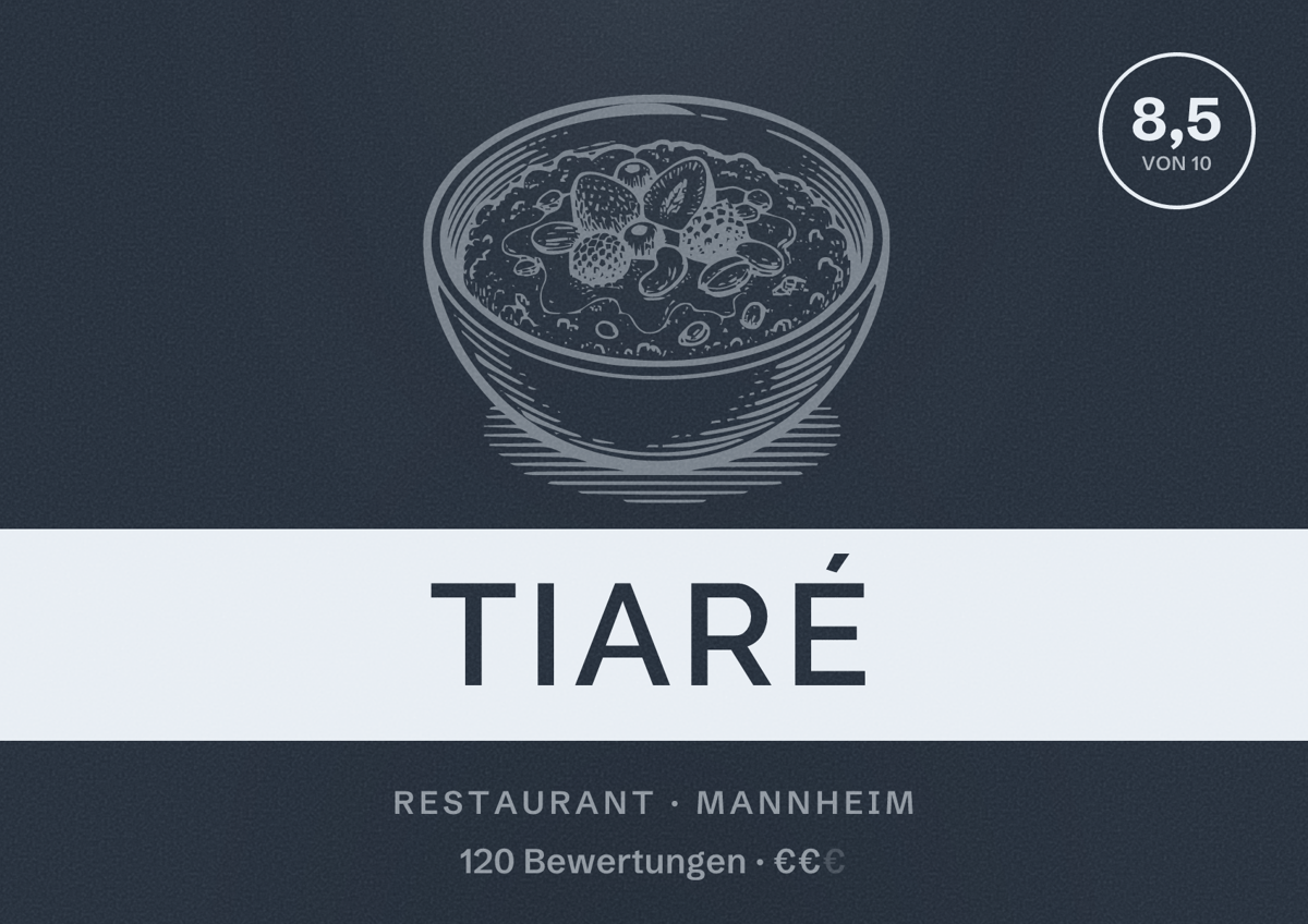 Illustriertes Poster von Tiaré, Restaurant in Mannheim: Bewertung 8,5 von 10 aus 120 Bewertungen, Preisniveau €€
