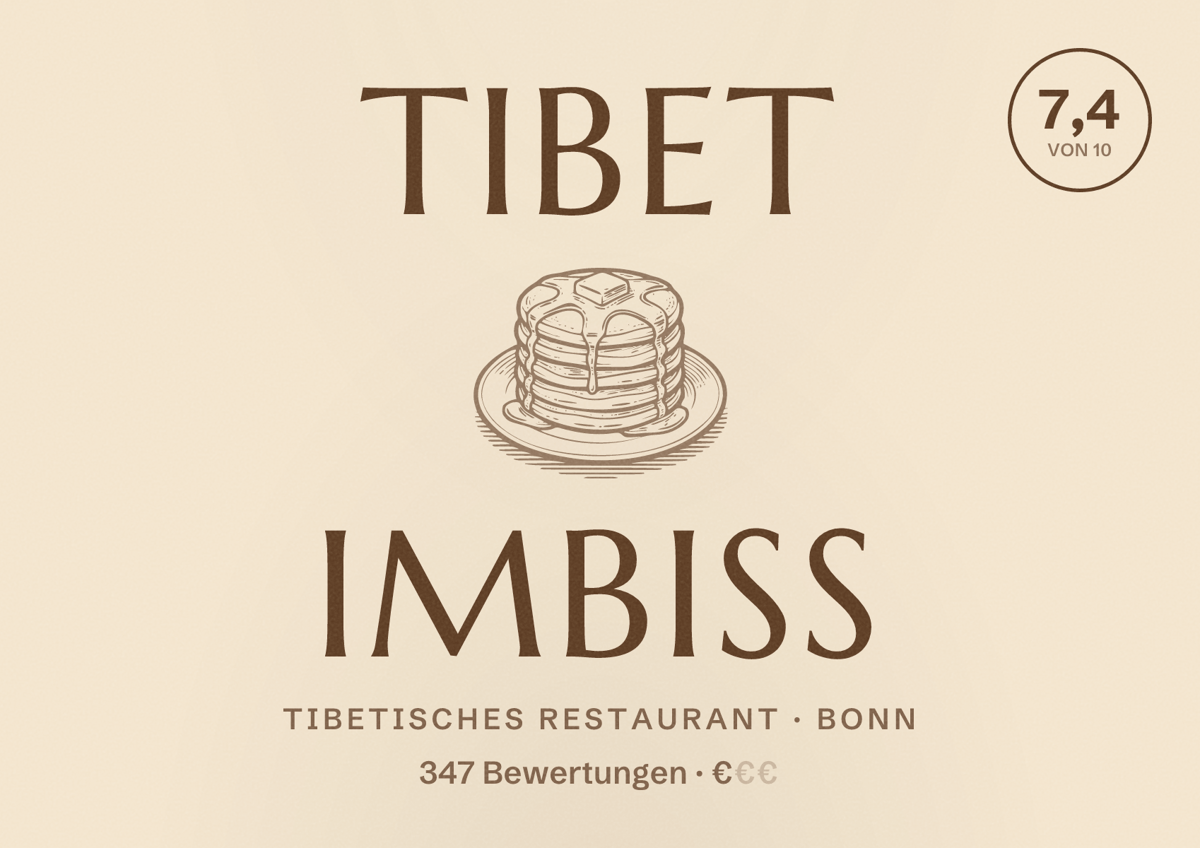 Illustriertes Poster von Tibet Imbiss, Tibetisches Restaurant in Bonn: Bewertung 7,4 von 10 aus 347 Bewertungen, Preisniveau €