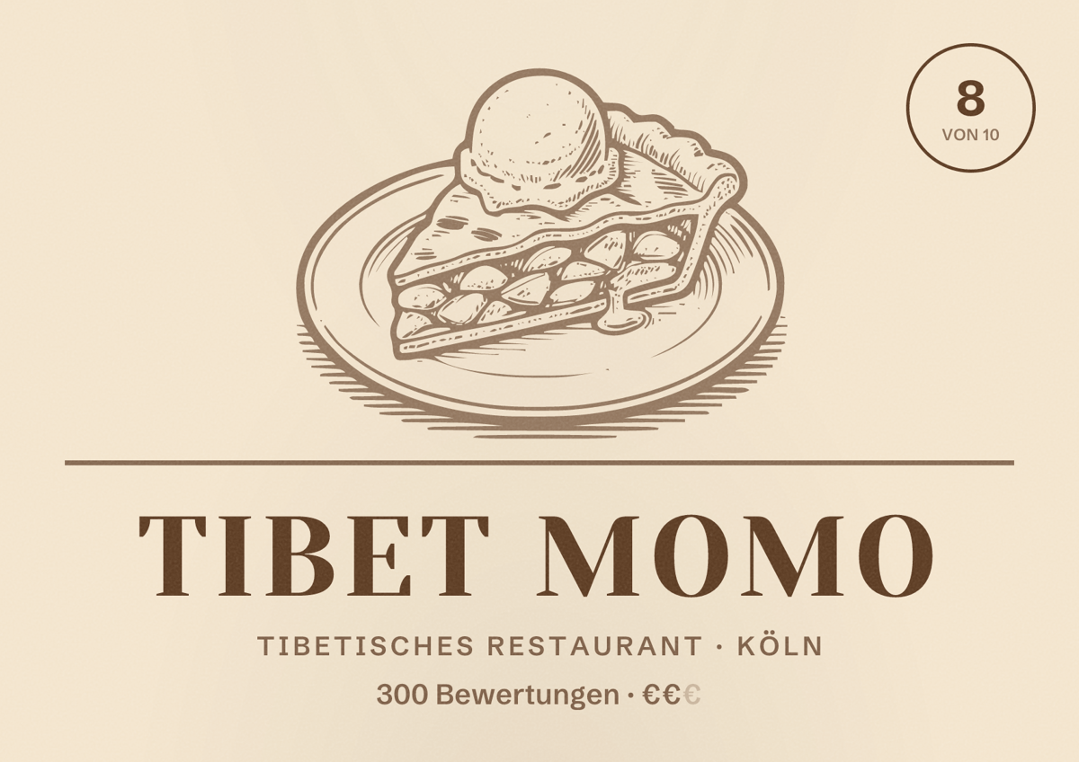 Illustriertes Poster von Tibet Momo, Tibetisches Restaurant in Köln: Bewertung 8,0 von 10 aus 300 Bewertungen, Preisniveau €€