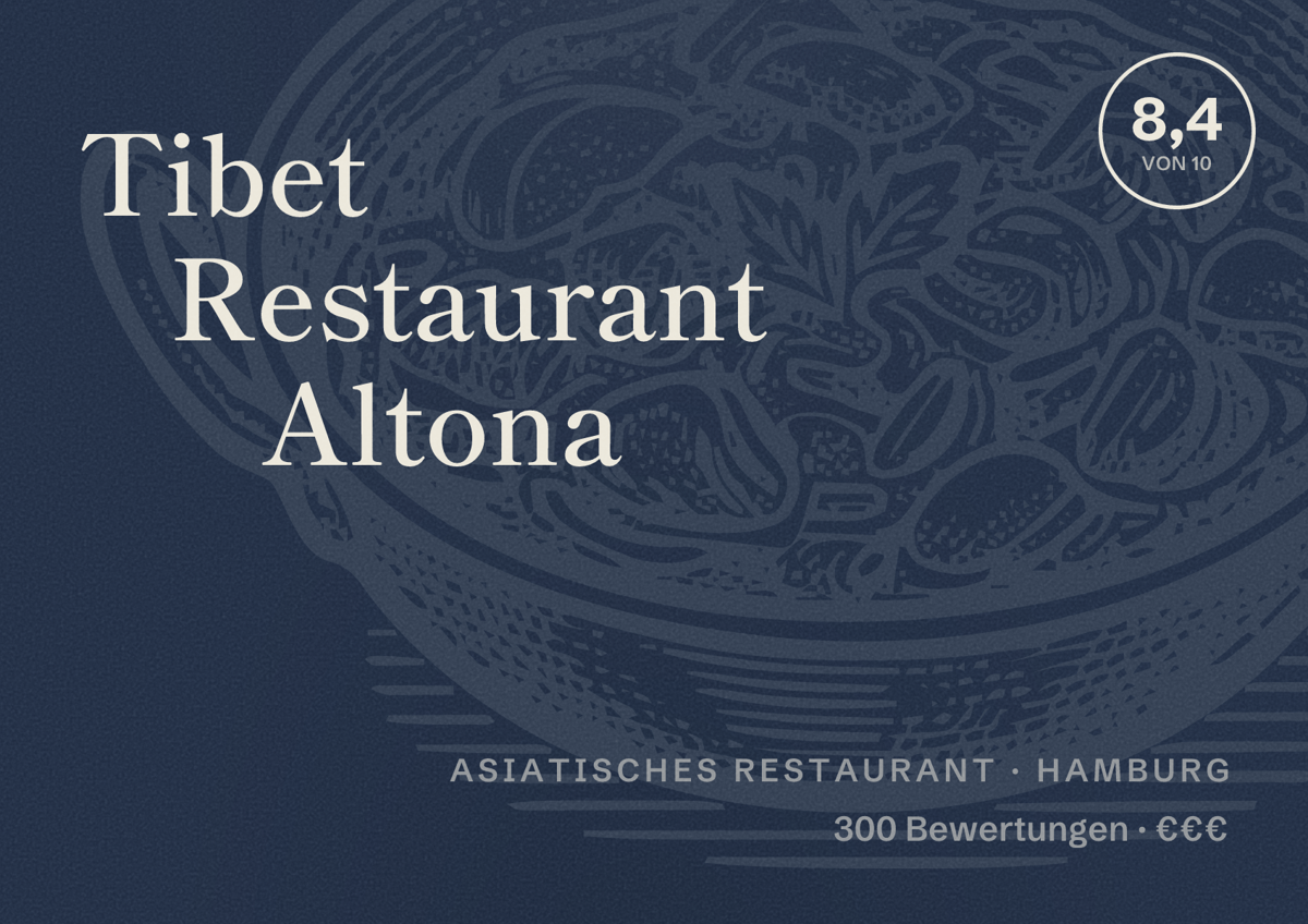 Illustriertes Poster von Tibet Restaurant Altona, Asiatisches Restaurant in Hamburg: Bewertung 8,4 von 10 aus 300 Bewertungen, Preisniveau €€€