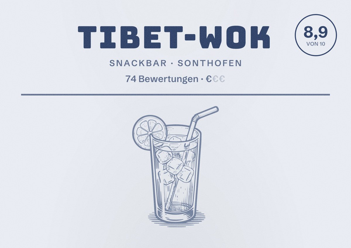 Illustriertes Poster von Tibet-Wok, Snackbar in Sonthofen: Bewertung 8,9 von 10 aus 74 Bewertungen, Preisniveau €
