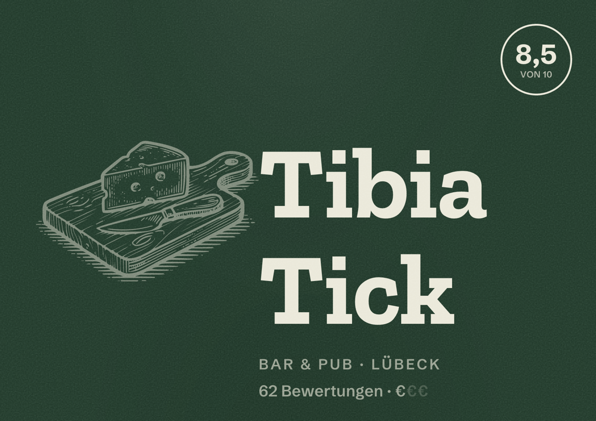 Illustriertes Poster von Tibia Tick, Bar & Pub in Lübeck: Bewertung 8,5 von 10 aus 62 Bewertungen, Preisniveau €