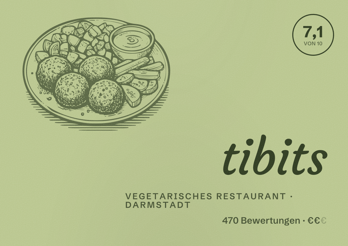 Illustriertes Poster von tibits, Vegetarisches Restaurant in Darmstadt: Bewertung 7,1 von 10 aus 470 Bewertungen, Preisniveau €€
