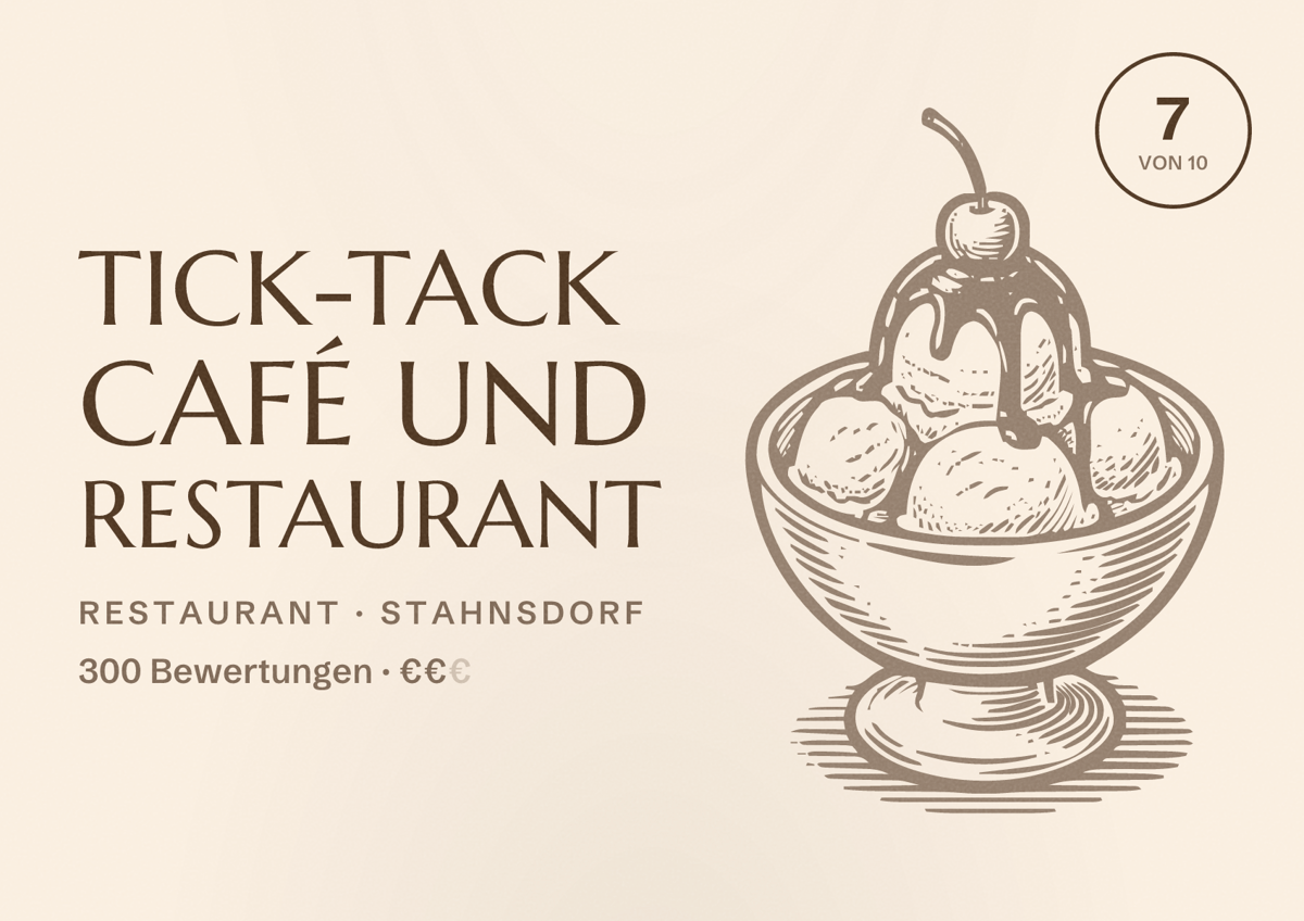 Illustriertes Poster von Tick-Tack Café und Restaurant, Restaurant in Stahnsdorf: Bewertung 7 von 10 aus 300 Bewertungen, Preisniveau €€
