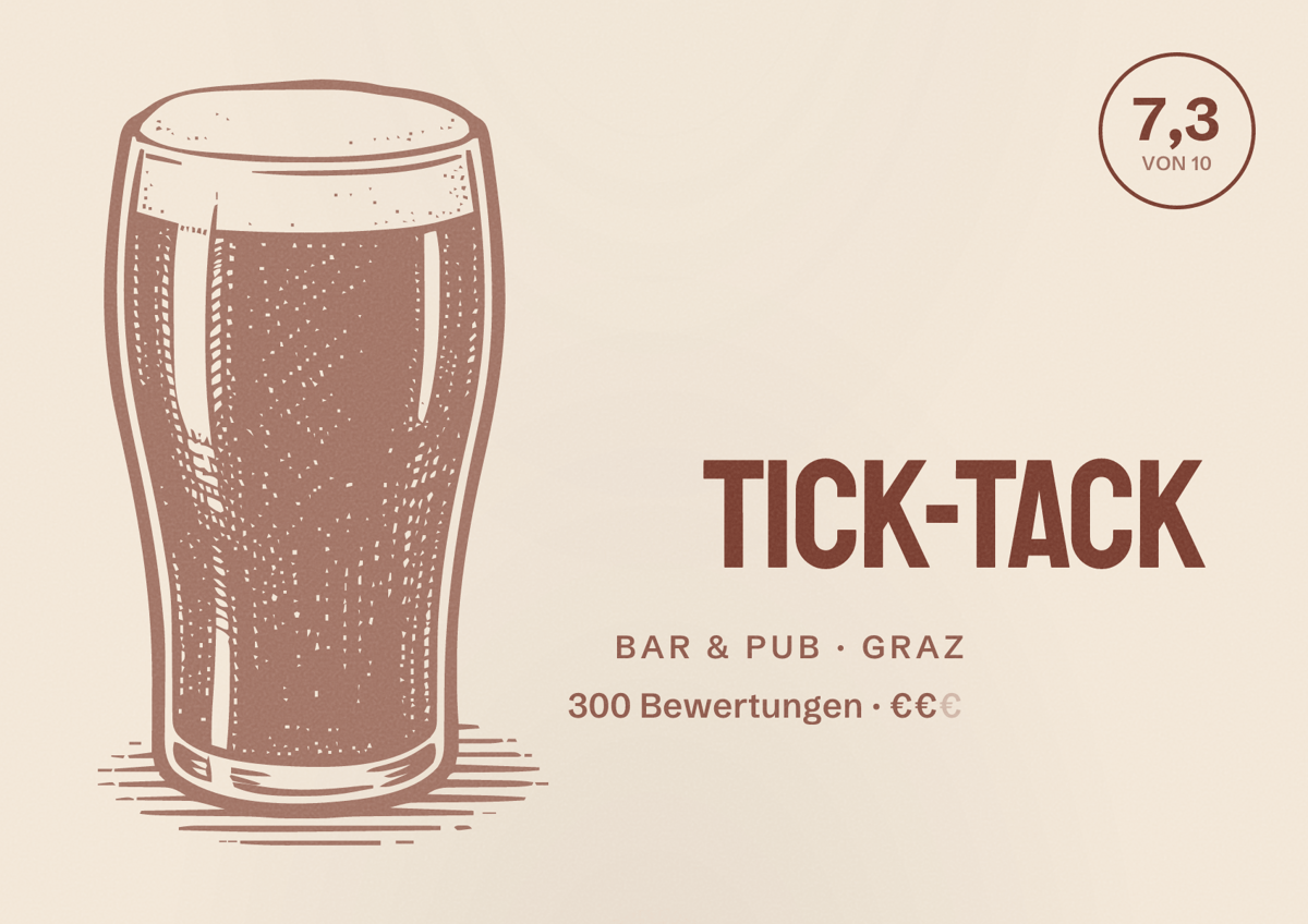 Illustriertes Poster von Tick-Tack, Bar & Pub in Graz: Bewertung 7,3 von 10 aus 300 Bewertungen, Preisniveau €€